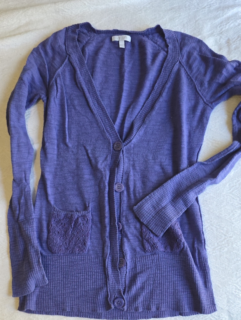 Delia's Violet Lace-Pocket Button Cardigan Medium